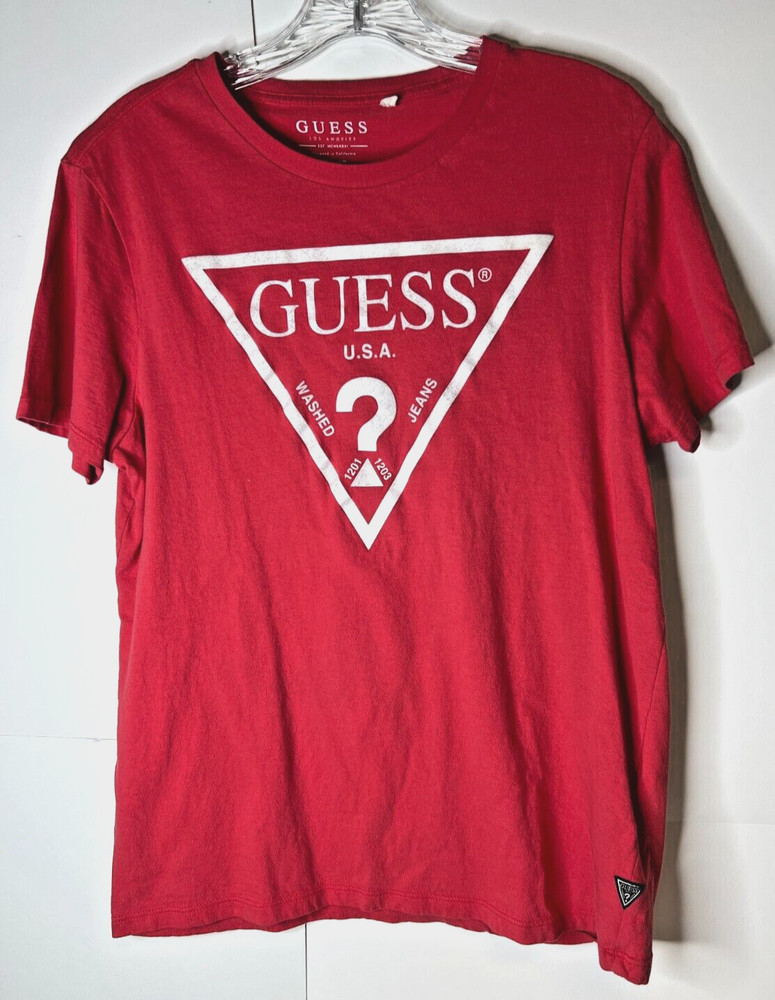Guess Men's Medium Red T-Shirt Triangle Logo Cotton Short Sleeve