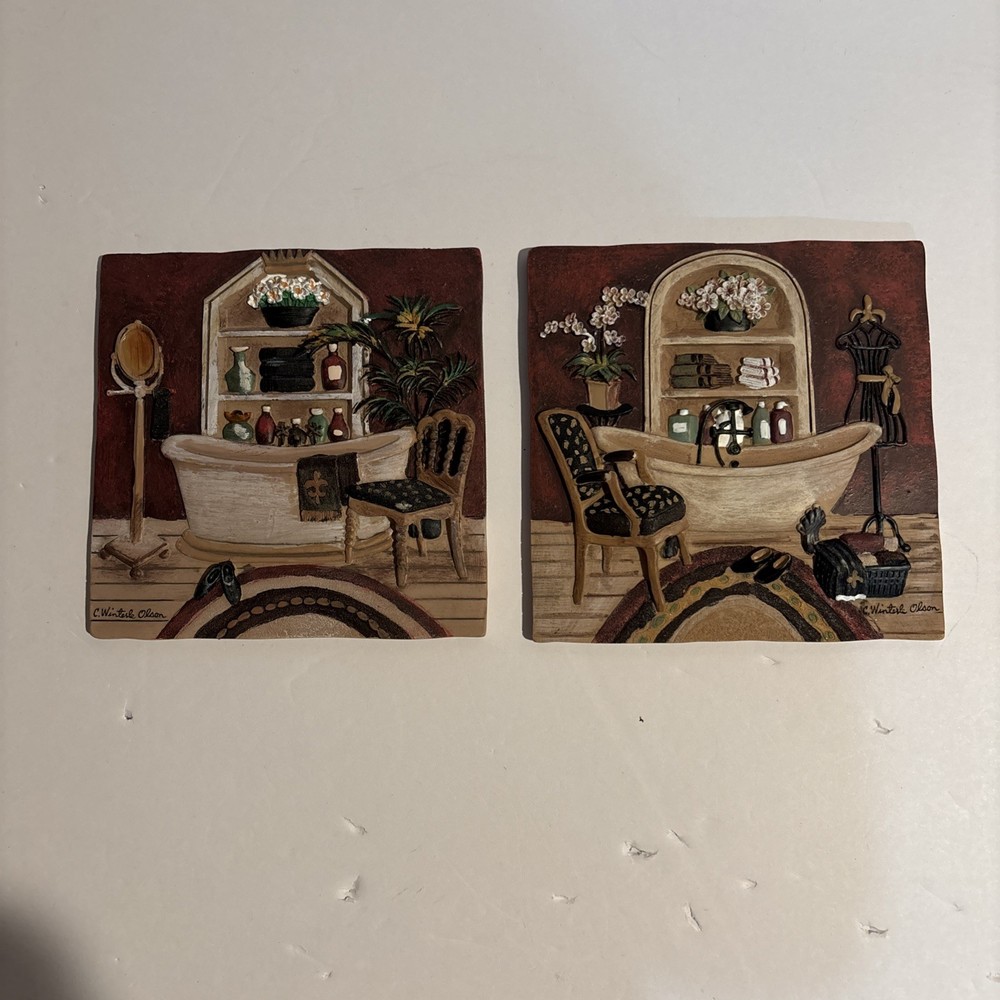 C Winterle Olson Bathroom 3d Art Wall Tile Plaque Clawfoot Tub, Chair, Plants