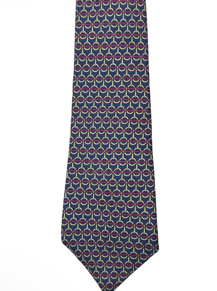 Hermès Men’s Designer Silk Woven Geometric Tie Blue Red Beige Logo