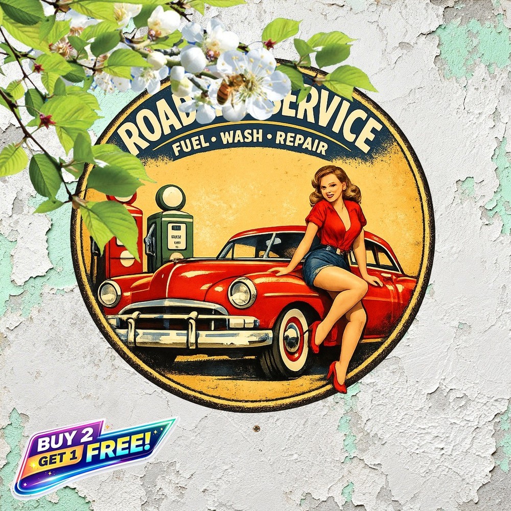Gas Station Retro Style Round Metal Sign Garage Wall Plaque 8x8