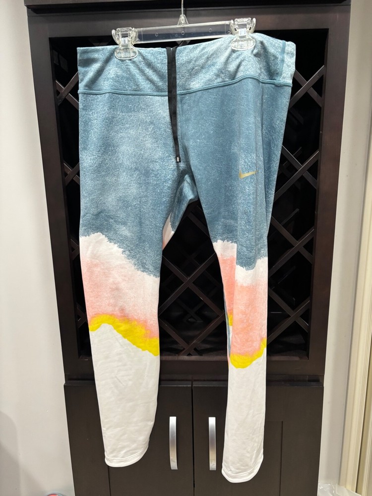 Nike Womens Leggings Blue Peach White; Mid Rise Large; Inseam 27