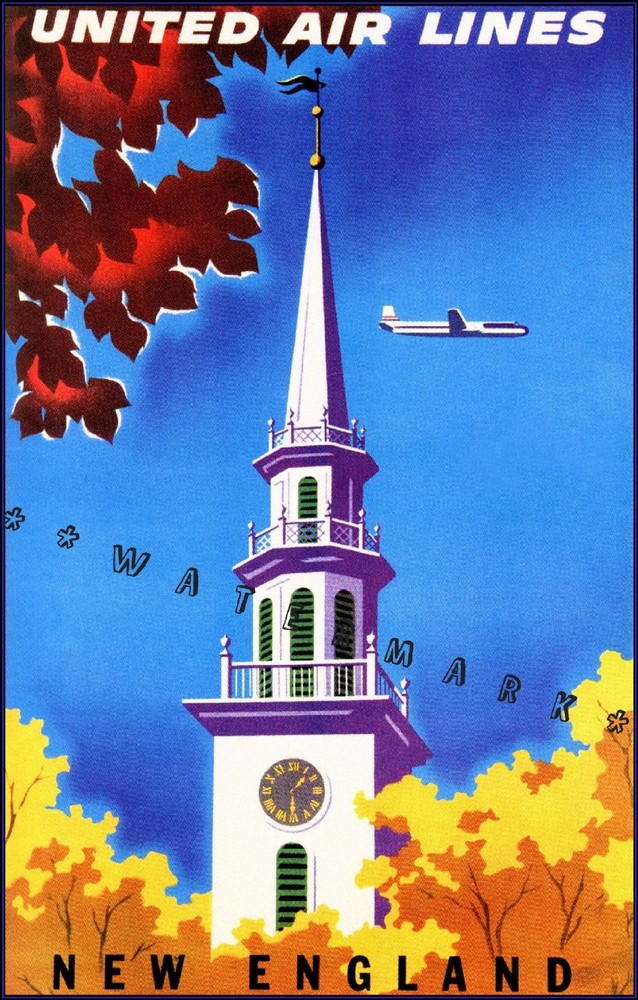 New England 1955 United Airline Vintage Poster Print Retro Style Travel Tourism