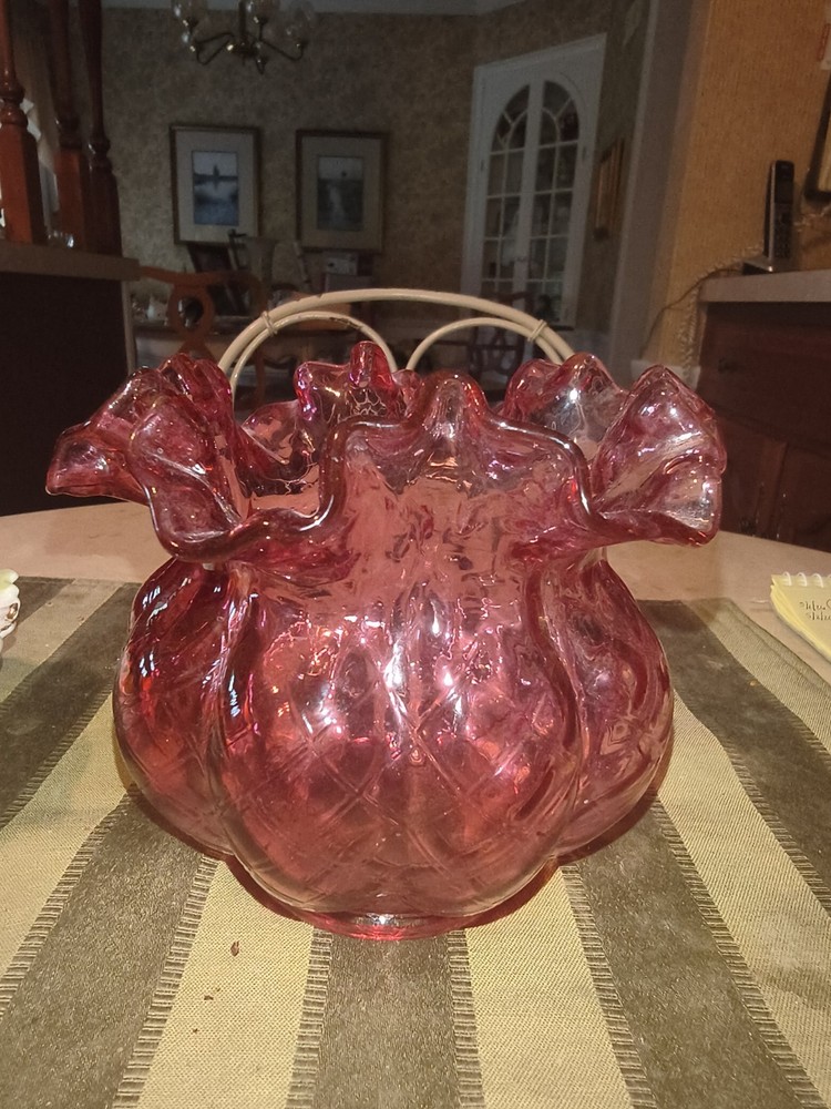 Fenton Glass Cranberry Diamond Optic Ruffled Bowl Vase Vintage c1940