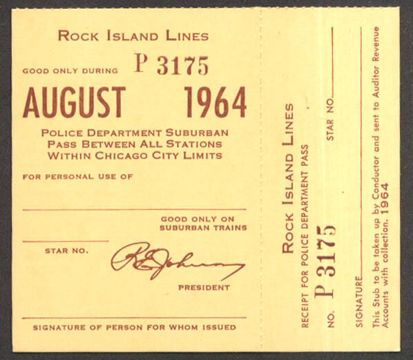 Rock Island Lines Police Department Suburban Pass Chicago City Limits 8 1964