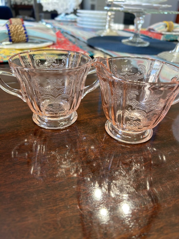 Vintage Recollection Pink Indiana Glass Open Sugar Bowl & Creamer Madrid