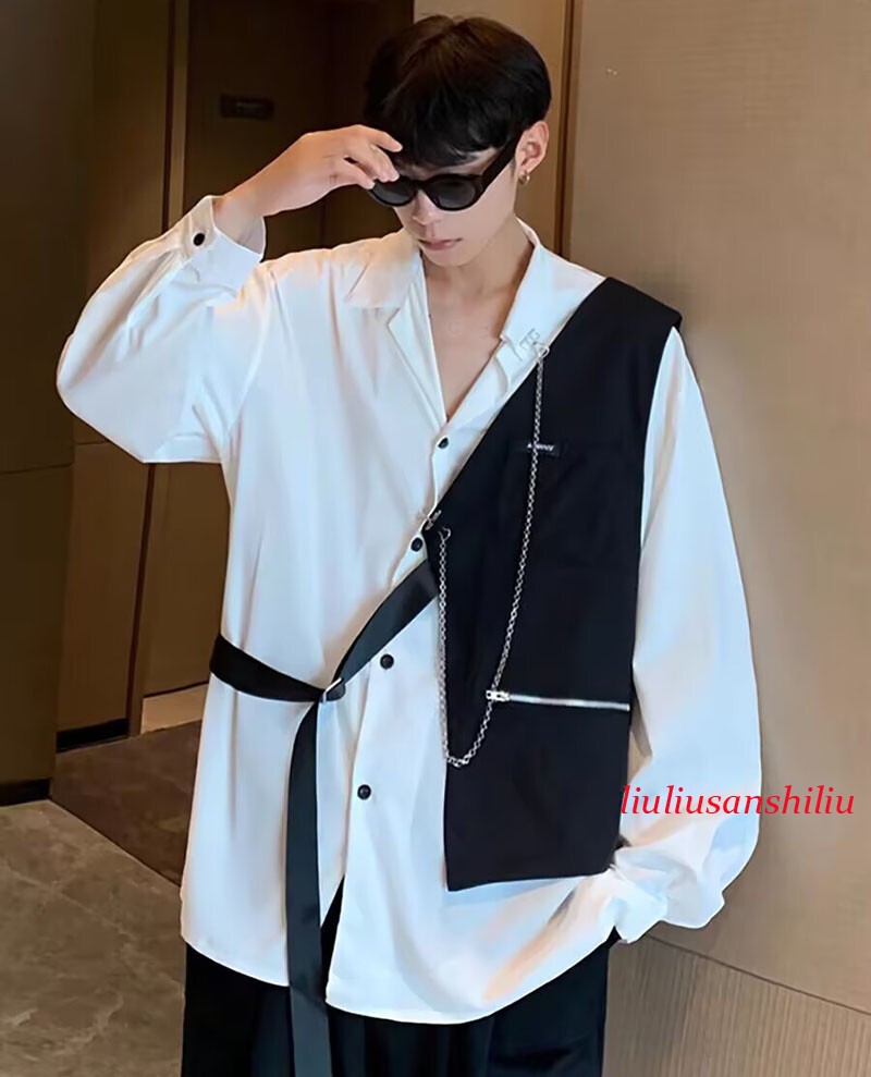 Fashion Men's Korean Loose Casual Shirts Vest Chains Long Sleeve Tops Clubwear