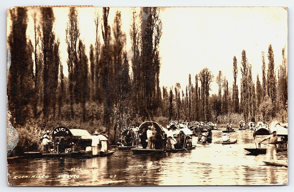 Xochimilco Mexico Mexican Passenger Boats On Canal Vintage Real Photo Postcard