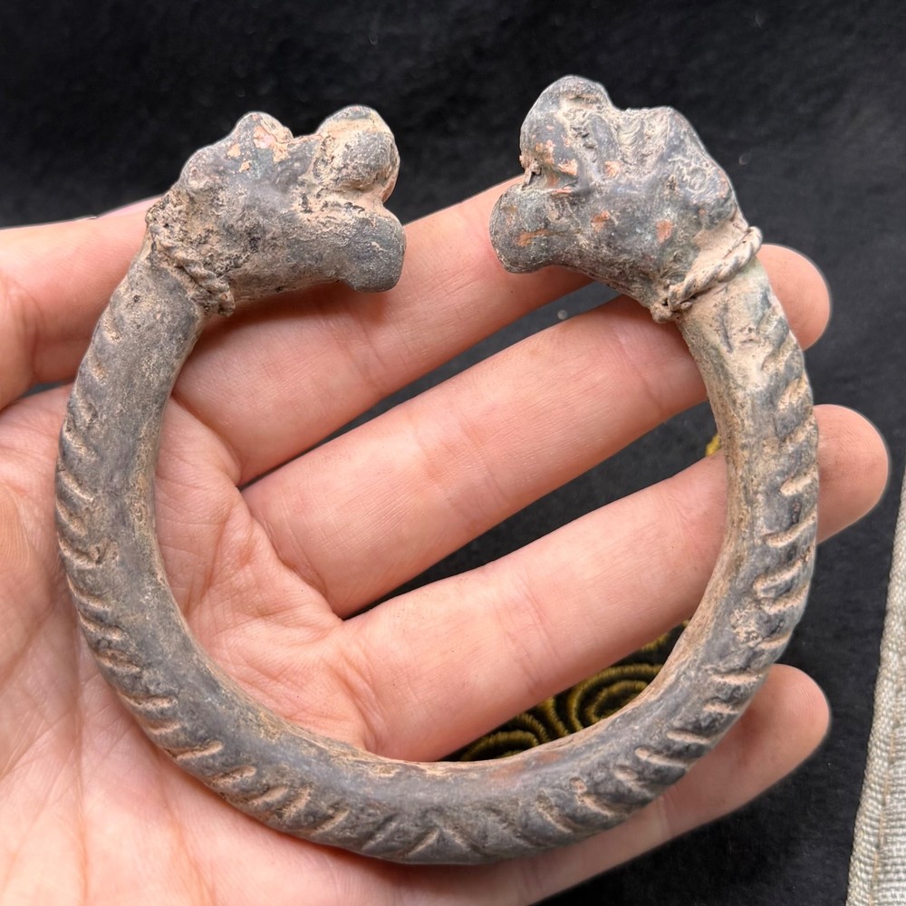 Ancient Roman Greek Bronze Bangle With Animal Head