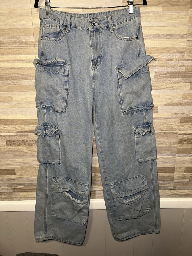 Shein Cargo Wide Leg Baggy Women's size L  8/10 Blue Denim Jeans #K