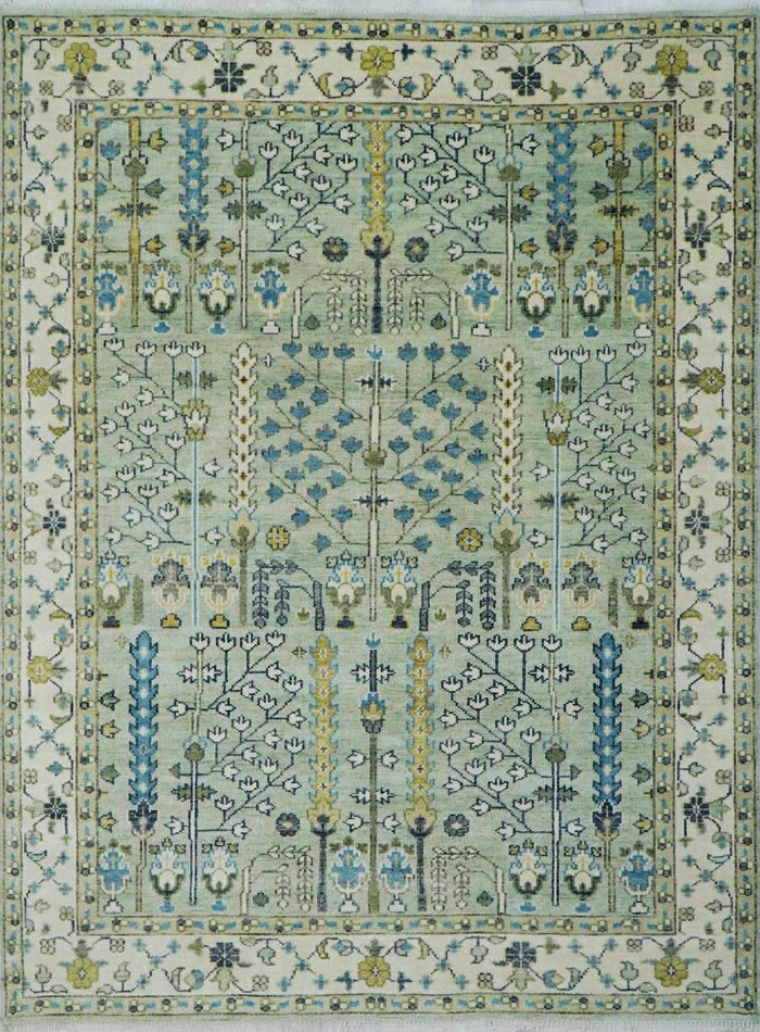 Hand Knotted Oushak Light Green Area Rug Traditional Tree of Life Wool Rug