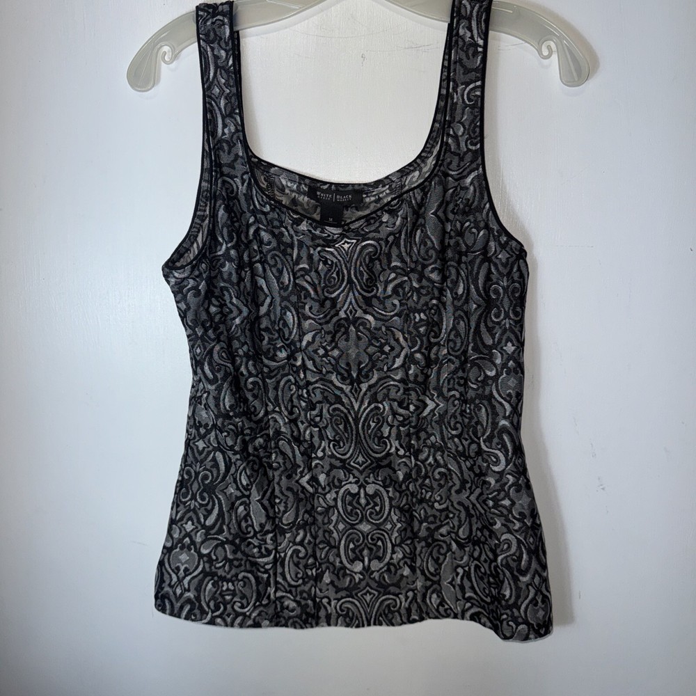 White House Black Market Sz Medium Faux Corset Tank Top Floral Black/Silver