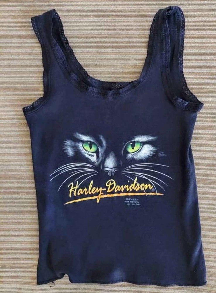 Vintage Women’s 1991 Harley Davidson 3D Emblem Kitty Cat Tank Top Shirt Size L