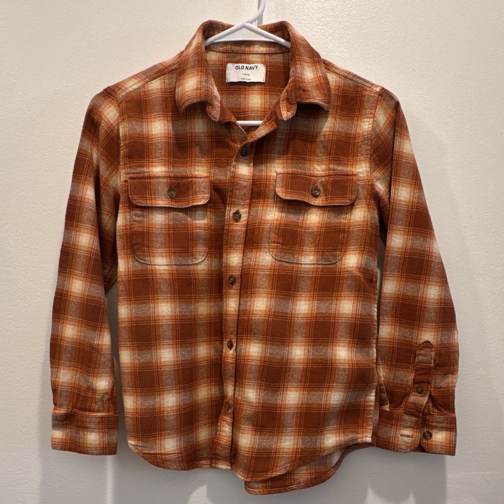 Old Navy Boys Brown Plaid Long Sleeve Button-Up Shirt w/ Pockets L 10/12