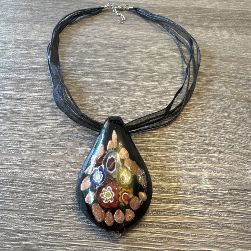 Murano Glass Millefiori Pendant W/Copper Aventurine Flakes W/ Ribbon Necklace