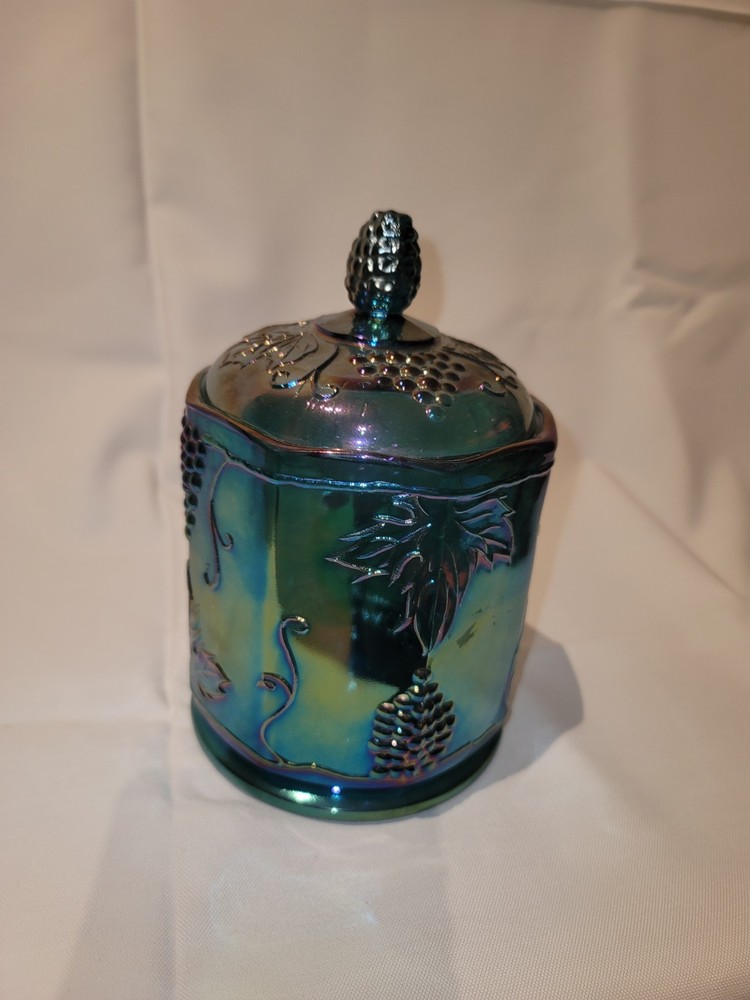Indiana Blue Iridescent Carnival Glass Harvest Grape Covered Candy Jar. No Chips