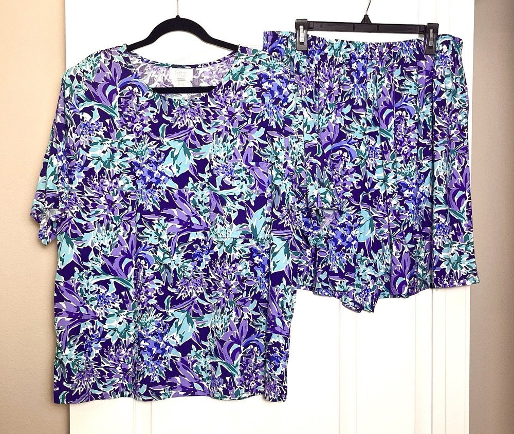 Vintage Fritzi Tee Shirt Top & Shorts 2 Piece Set Size 24W Floral Purple Blue