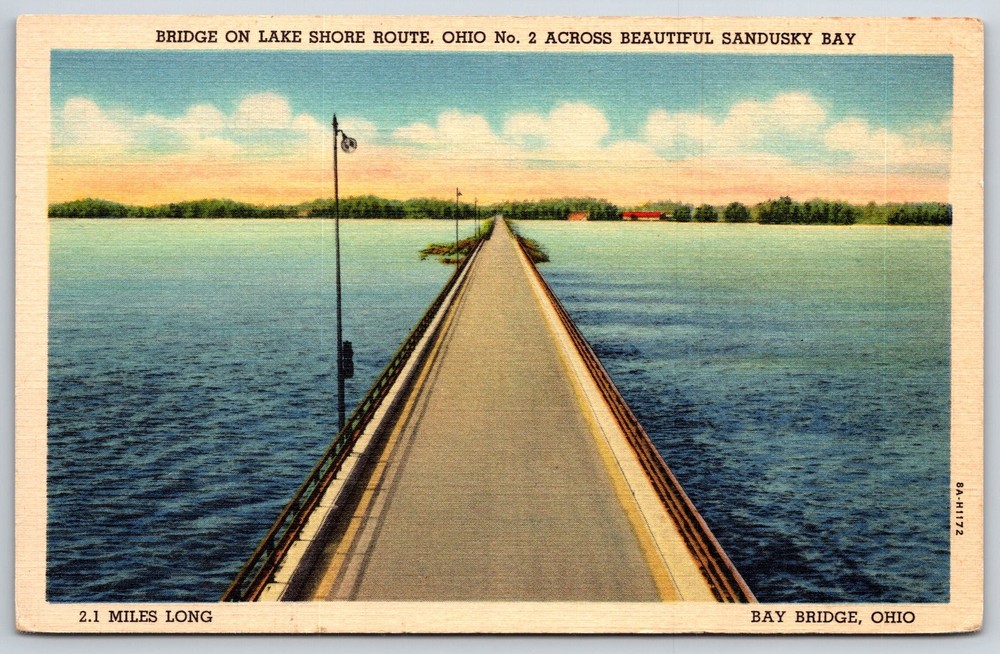 Ohio~View Of Bridge On Lake Shore Route Across Sandusky Bay~Vtg Linen Postcard