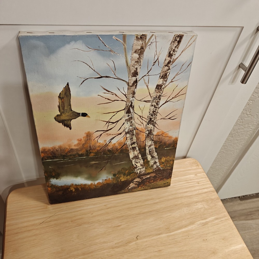 Vintage Original Duck Painting Canvas Mallard Flying Birch Trees Signed Wildlife
