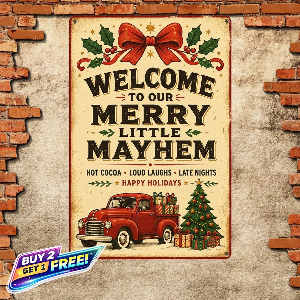 Red Holiday Theme Tin Metal Sign Vintage Christmas Wall Decoration
