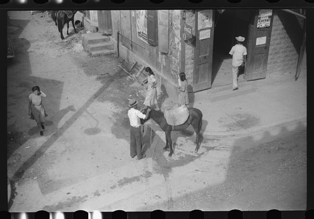 Photo:1930s Street Scene Horse and People Outside Building