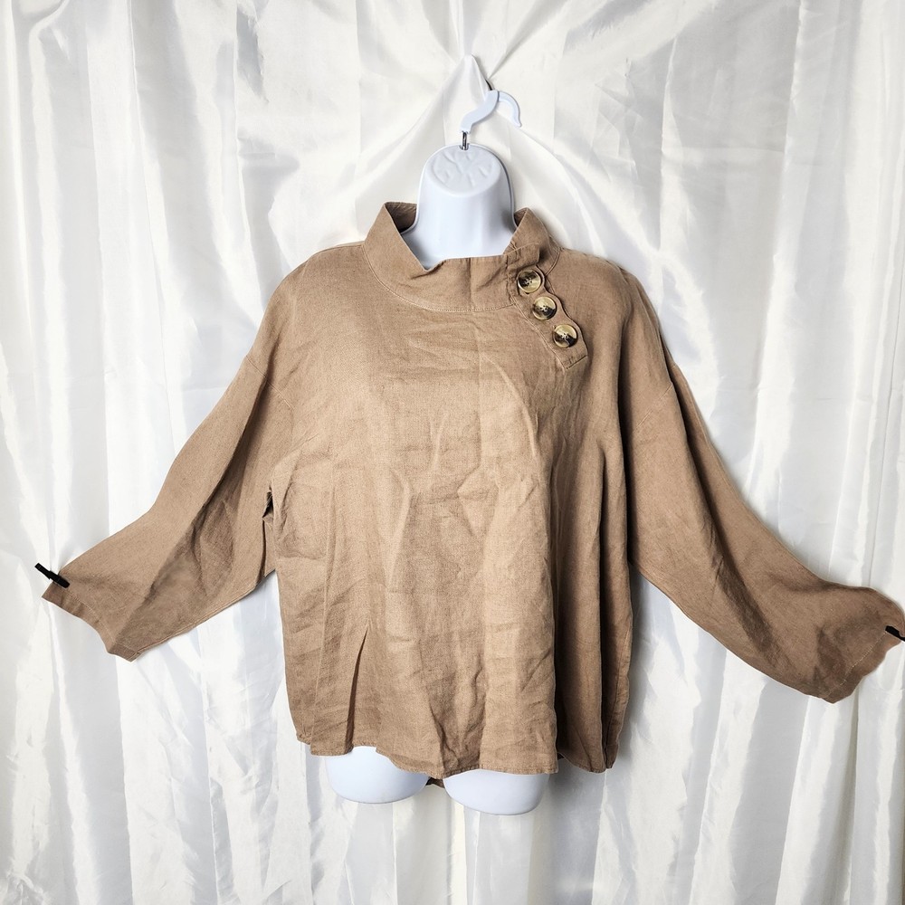 Zara Woman Linen Tunic Brown Mock Neck Sz S Lagenlook 3/4 Sleeve Oversized