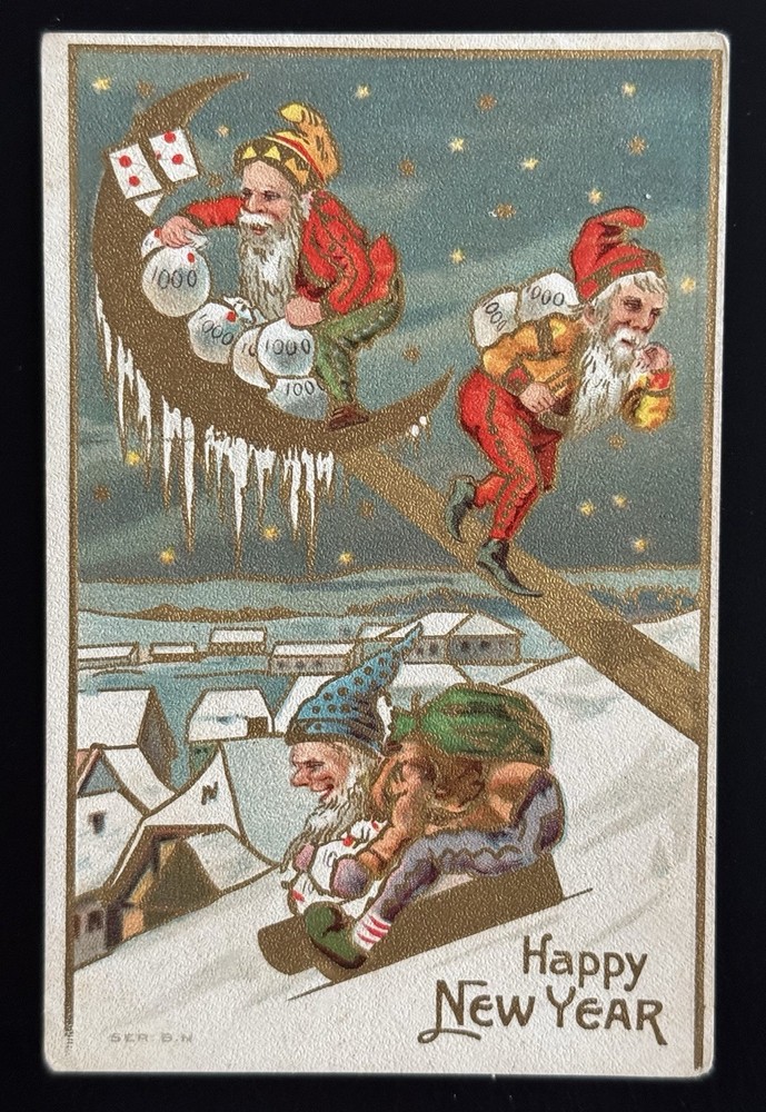 Antique New Year Postcard Gnomes Money Bags Moon Sledding Embossed Germany
