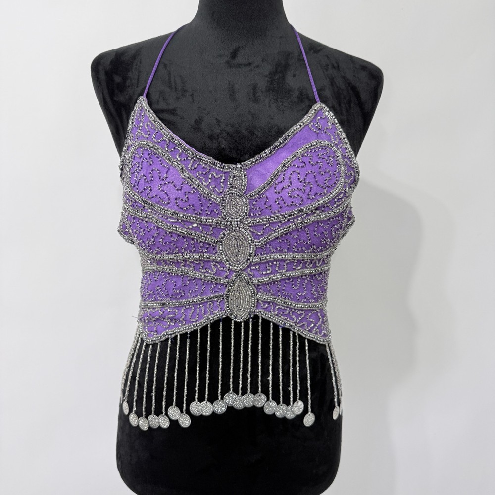 Purple Beaded Rave Halter Top Coin Fringe XS/S Fairy Boho Festival Belly Dance