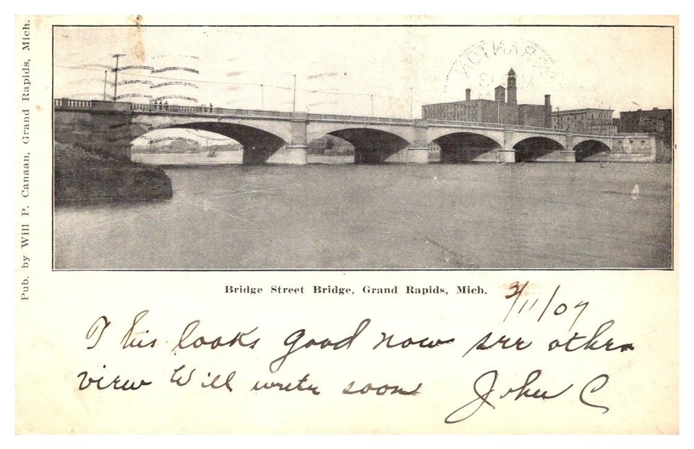 1907 River View of Bridge Street Bridge Grand Rapids Michigan Vintage Postcard
