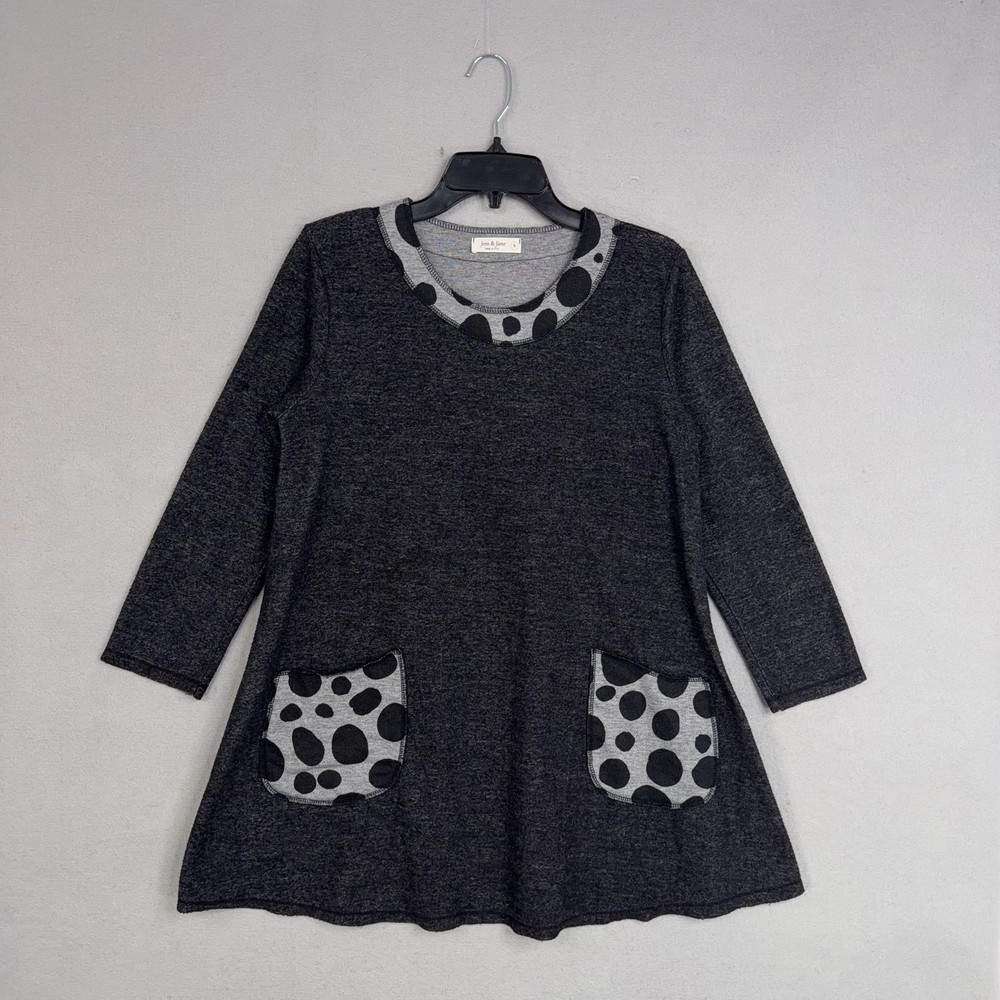 Jess & Jane Shirt Womens Small Gray Polka Dot Swing Tunic Top Pockets Art USA