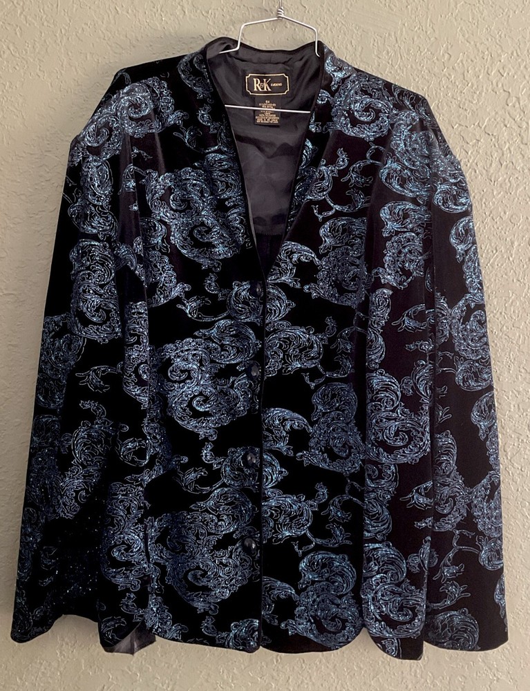 R&K Evening Sz 5X Black Velvet Blue Sparkles Floral Button Up Jacket
