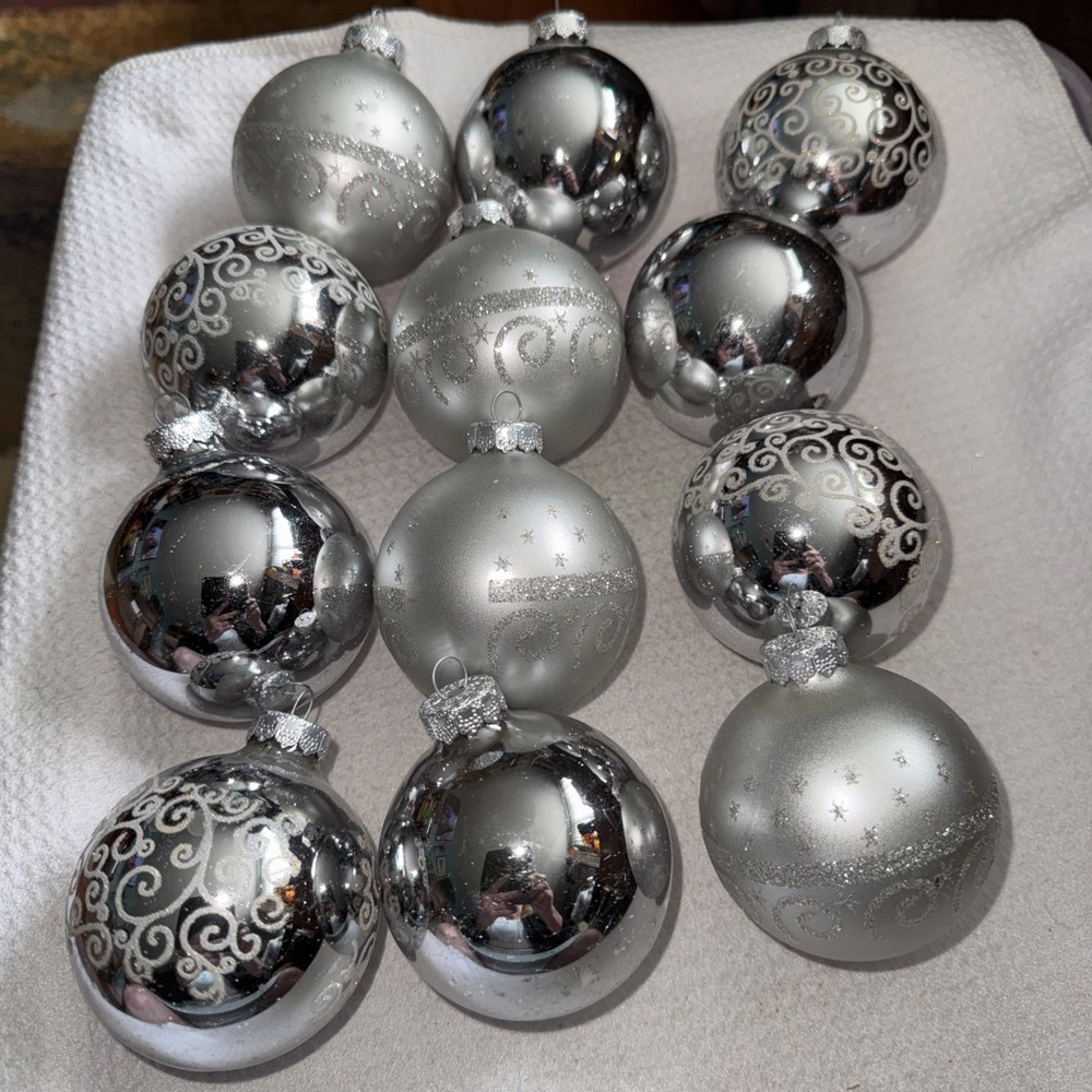 Lot of 12 VTG Rauch 2.5” Silver Mercury Glass Ball Ornament Gold Stencil Glitter