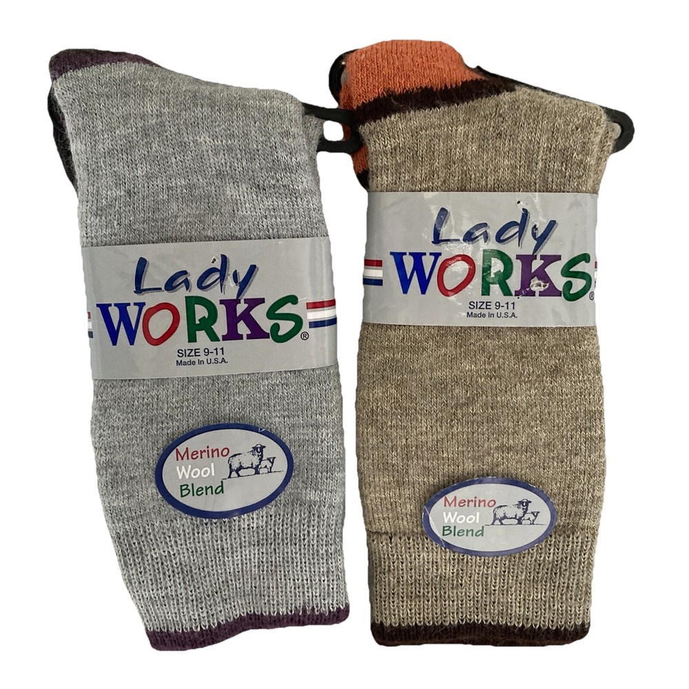 Lady Works Socks Women’s 9-11 Oatmeal/Grey Set Of 2 Merino Wool Blend Hike Warm