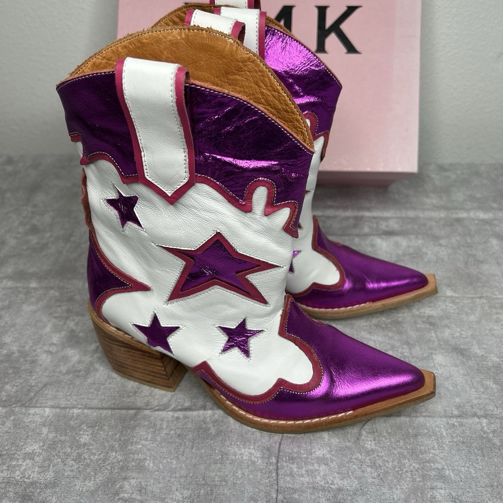 PMK Charo Pink Leather Western Boots Mid Calf Women's Size 6 US Argentina
