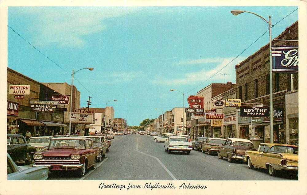 1960s Blytheville Arkansas Main Street East Broadway autos Postcard 25-5794