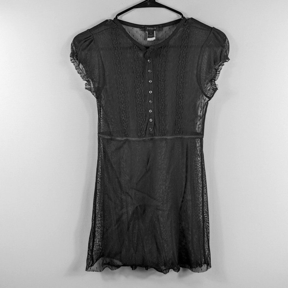 Express M Black Sheer Mesh Lace Button Front Blouse Top Cap Sleeve Womens