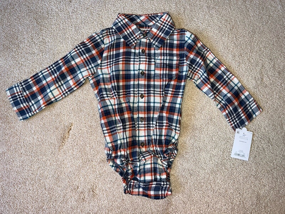 Carter's - Blue/Orange/White Plaid - Long Sleeve Button Up- One Piece - 12M -NWT