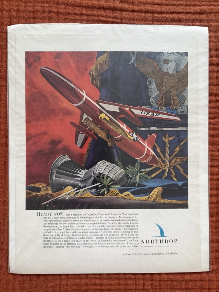 Northrop 1957 Original Print Ad Snark Missile Military Aircraft Red White Blue