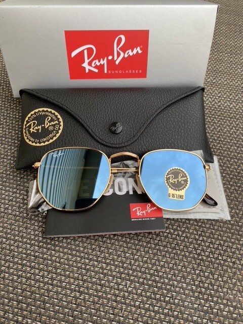 Ray-Ban Hexagonal RB3548 Gold Frame/ Blue Sunglasses