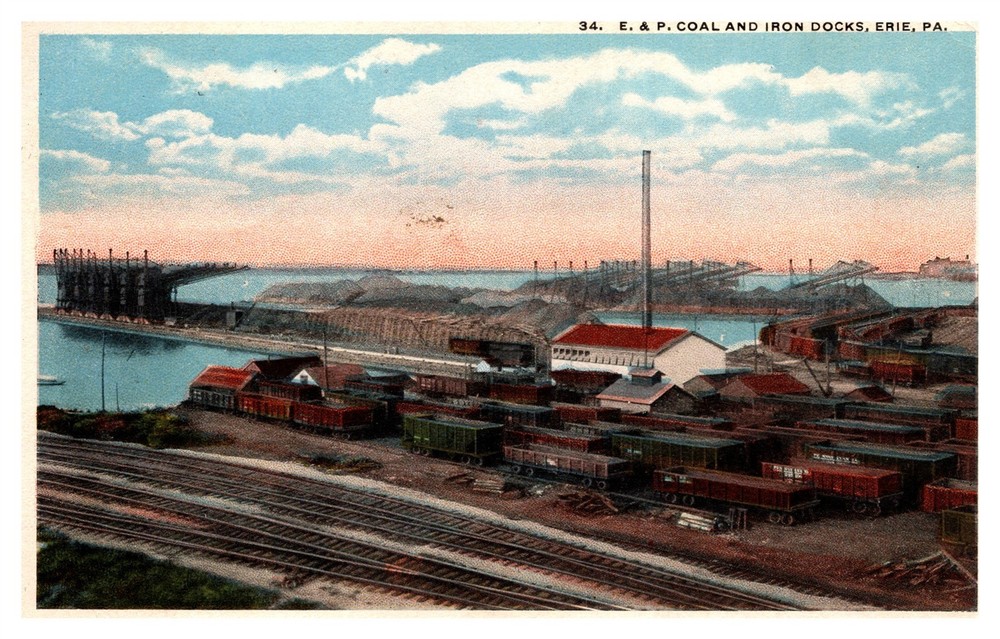 E & P Coal & Iron Docks RR Tracks Train Cars Birdseye Erie PA C1918 Postcard AG3