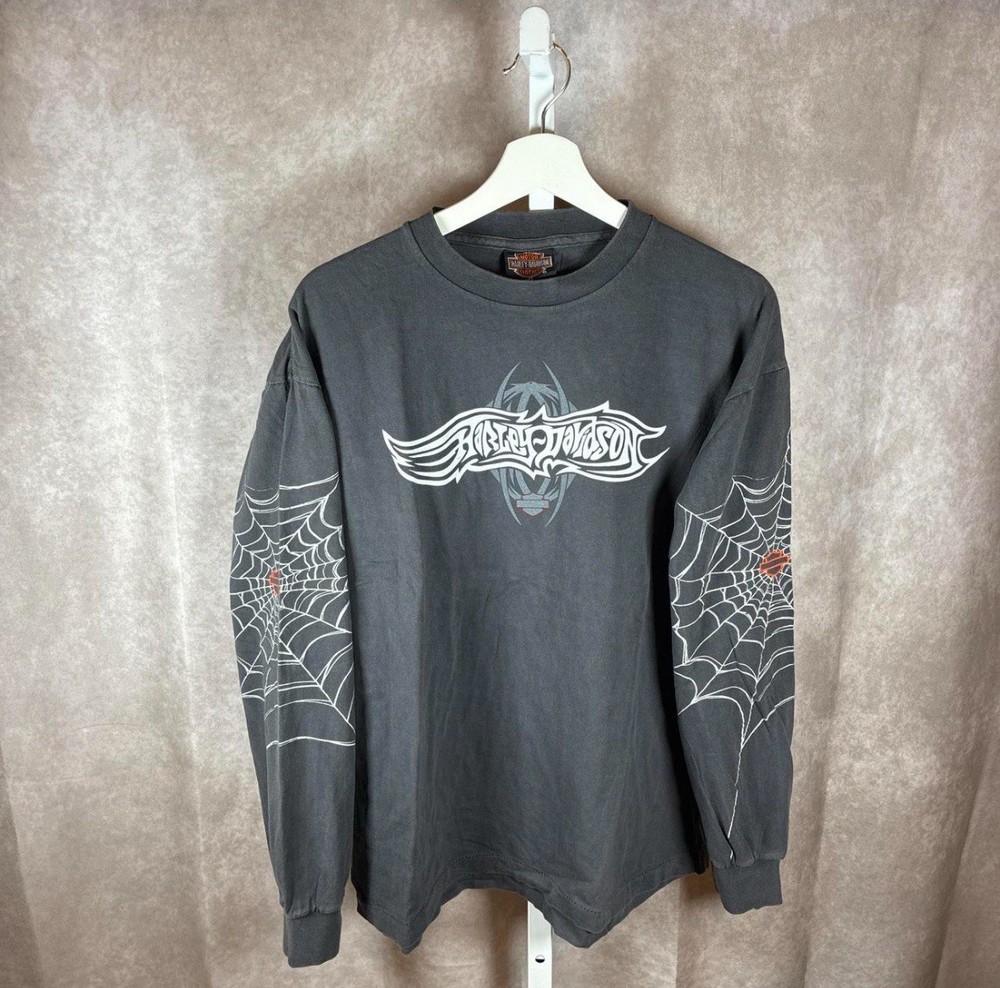 Vintage Y2K 2005 Harley Davidson Biker Spider Web Longsleeve Auburn BOOT Shirt