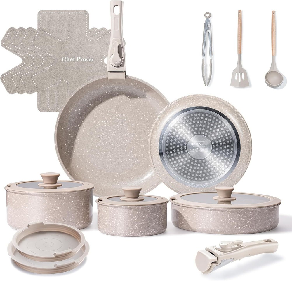 Ceramic Nonstick Pots and Pans Set 19 Piece with Detachable Handle, Induction