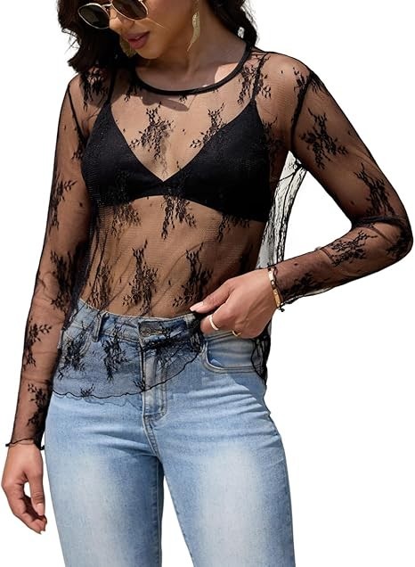 NWT Women's Lace Top Mesh Long Sleeve Sheer Blouse Sexy Size Small