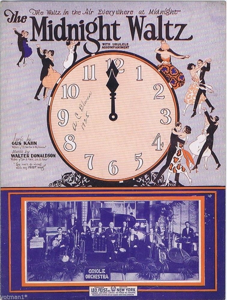 The Midnight Waltz, Oriole Orchestra photo, Antique Sheet  Music, 1925