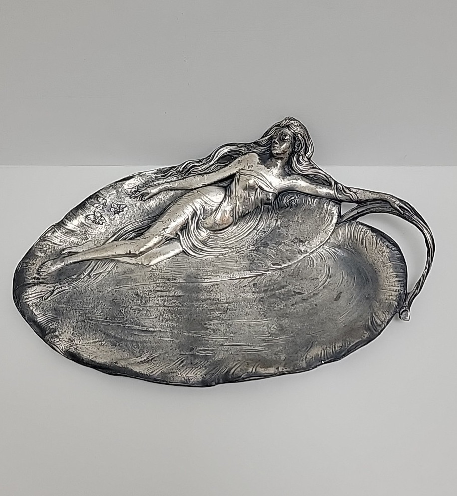 Art Nouveau Nude Lady Woman Figural Relief Metal Vanity or Card Visiting Tray