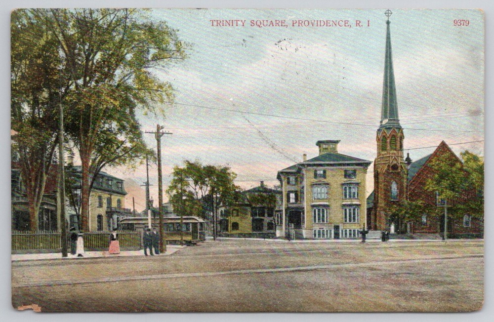 Trinity Square Providence RI 1908 Postcard Church Spire Streetcar A.C. Bosselman