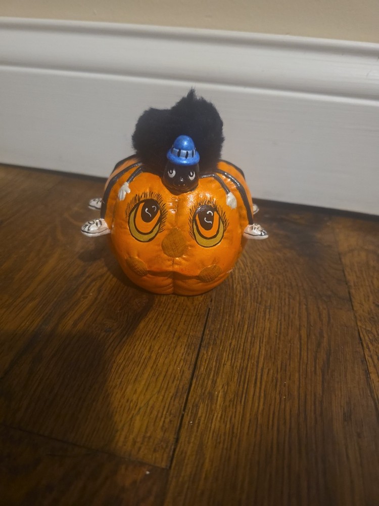 Vintage Ceramic Pumpkin with Spider Anthropomorphic Halloween Decor