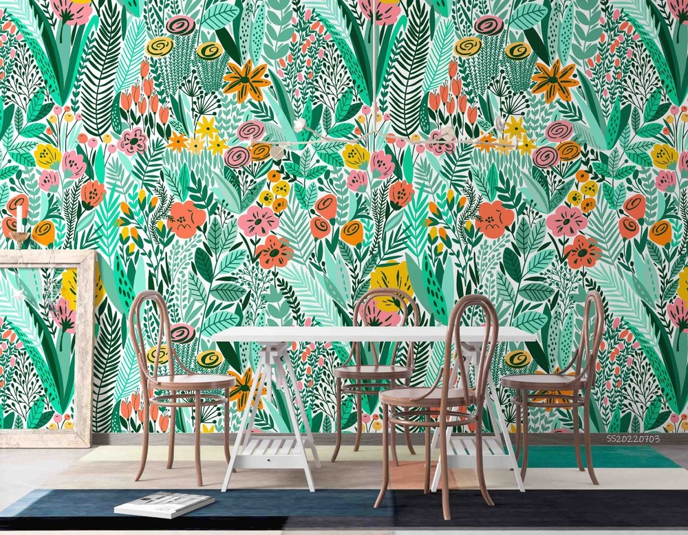 3D Green Plant Leaf Pink Floral Wall Murals Wallpaper Murals Wall Sticker