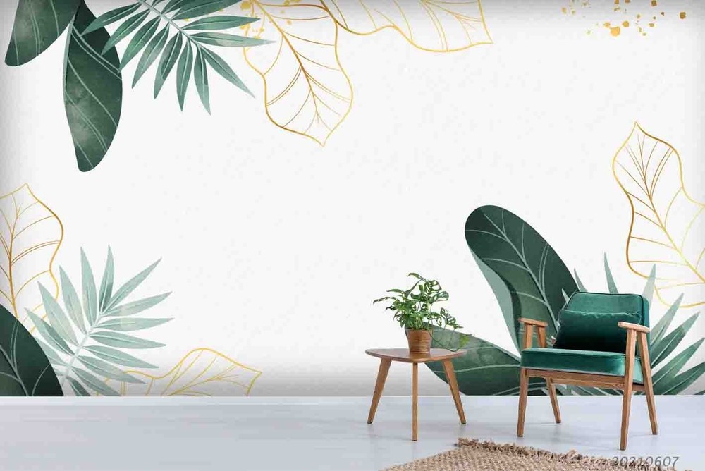 3D Green Gold Plants Leaves Watercolor Wall Murals Wallpaper Murals Wall Sticker