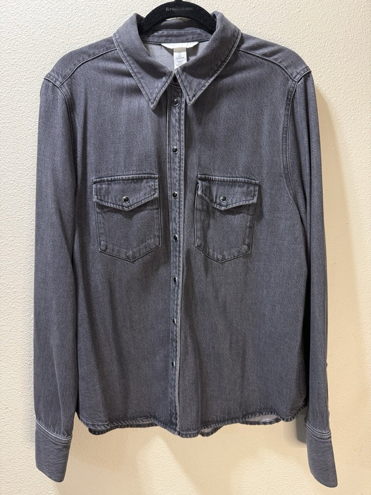 H&M Women’s Denim Western Shirt Gray Snap Button Long Sleeve Size Large