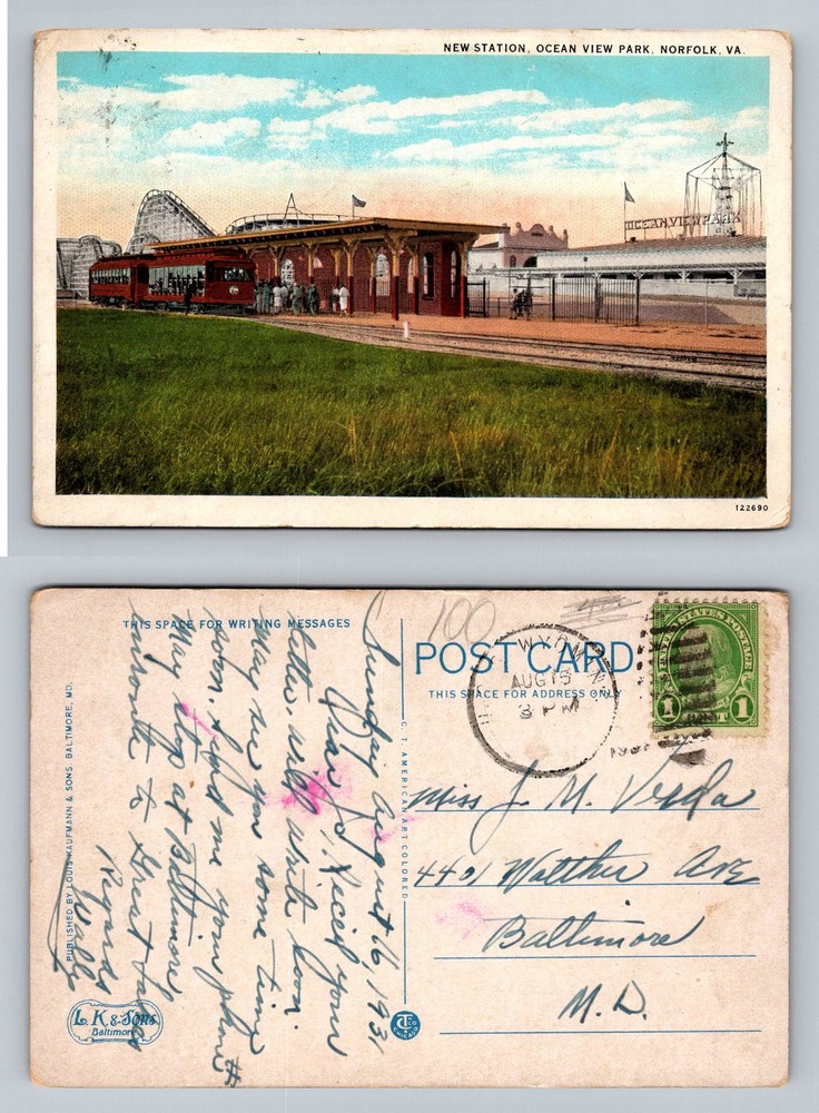Norfolk, VA-Virginia, Ocean View Park Station Trolley Vintage Postcard